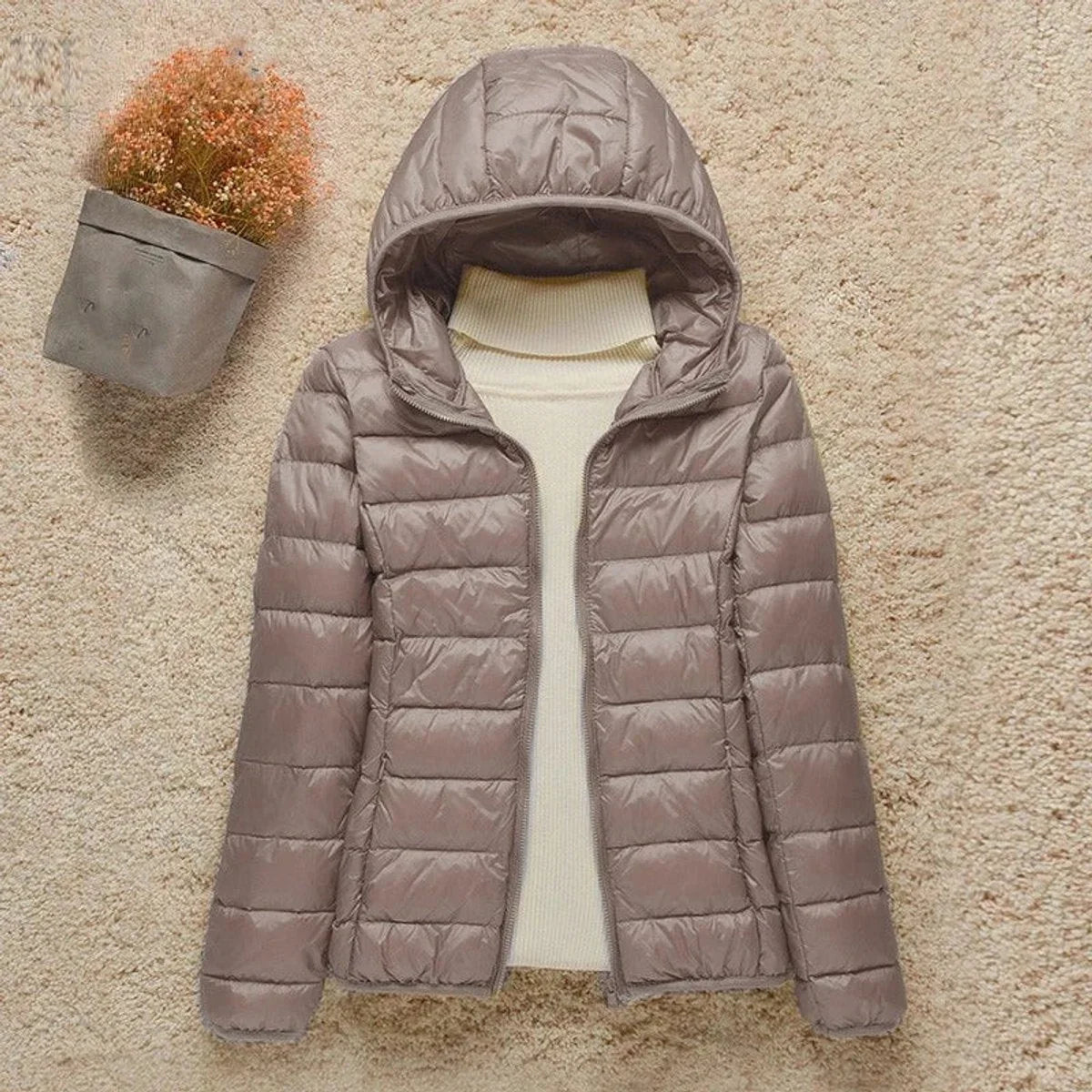 Women's lightweight hooded quilted jacket packable puffer in Taupe