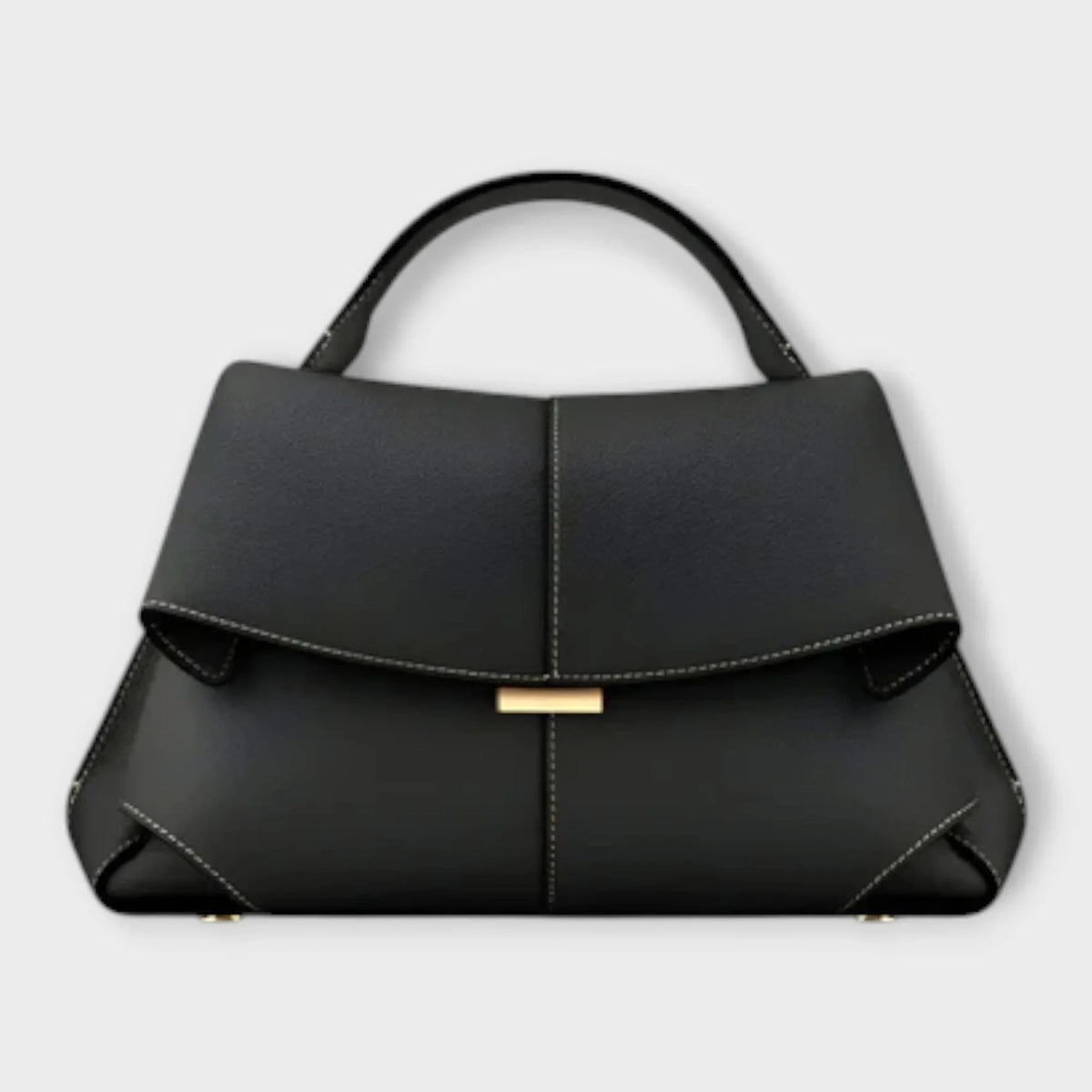 Black leather top-handle handbag, flap closure, contrast stitching.