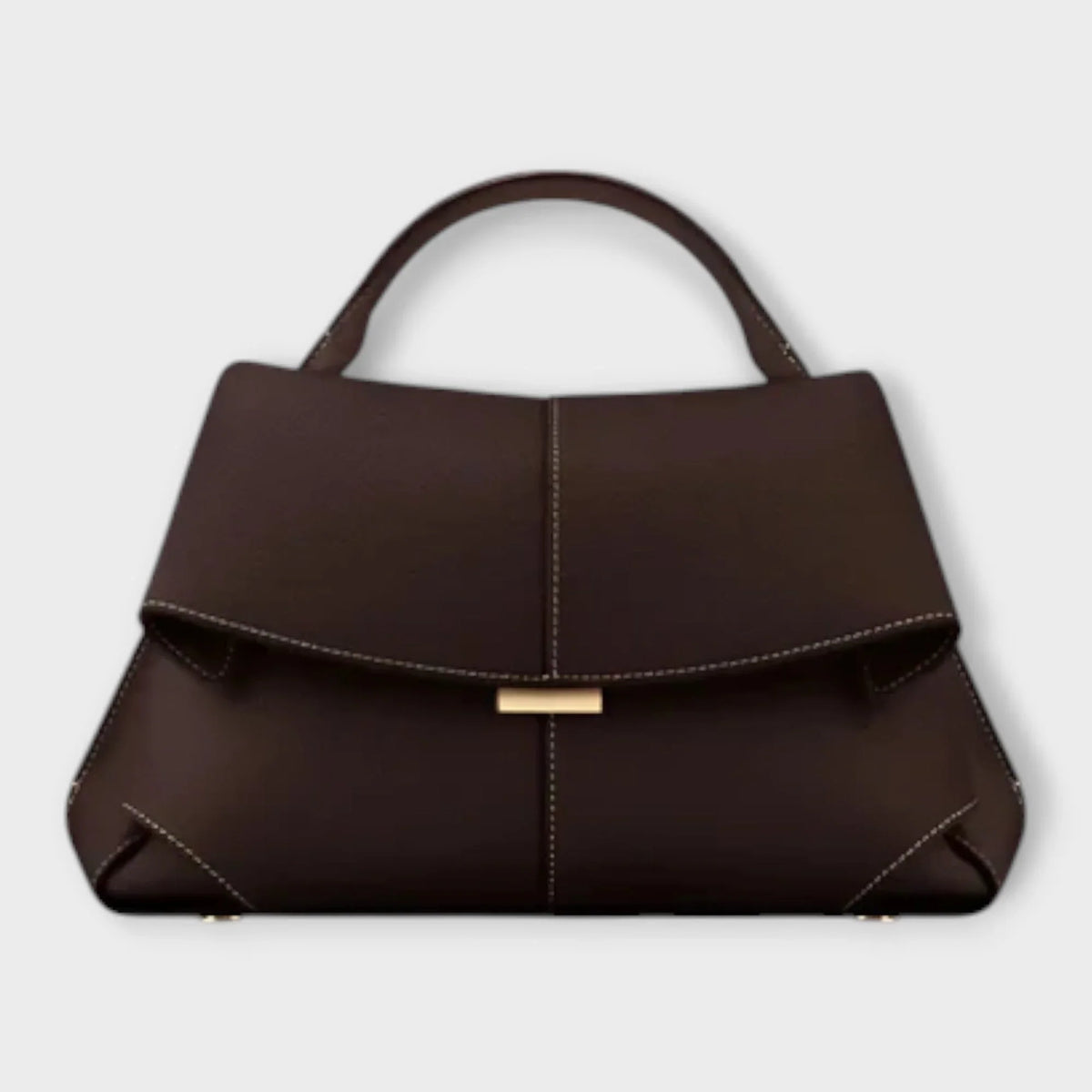 Bordeaux leather top-handle handbag with flap closure and contrast stitching.