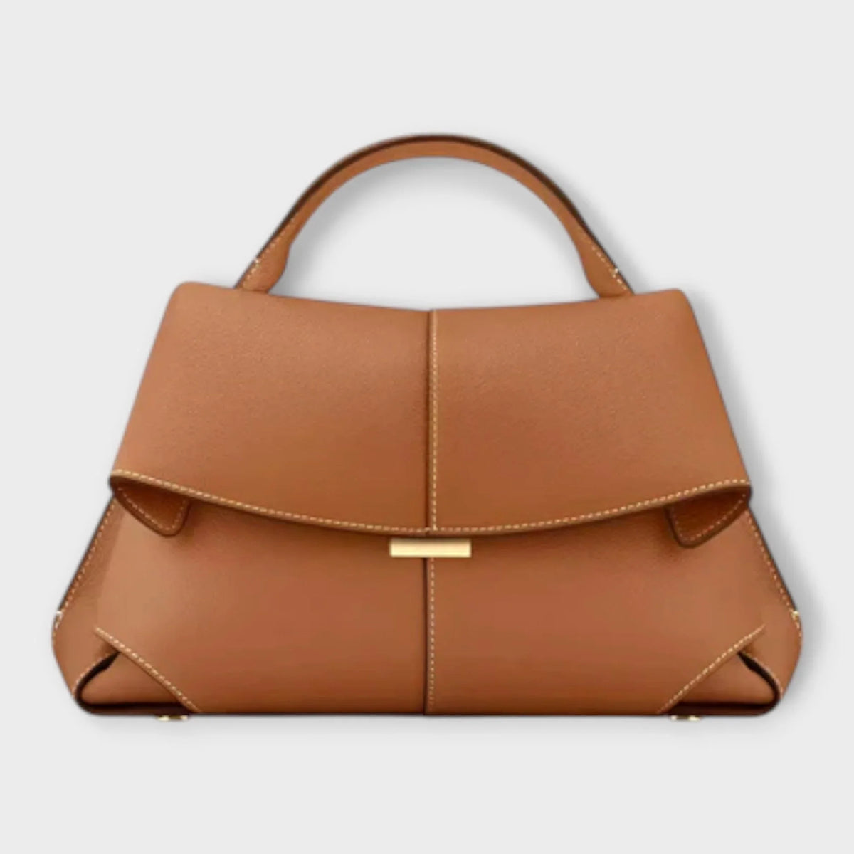 Brown leather top-handle handbag with flap closure and contrast stitching.