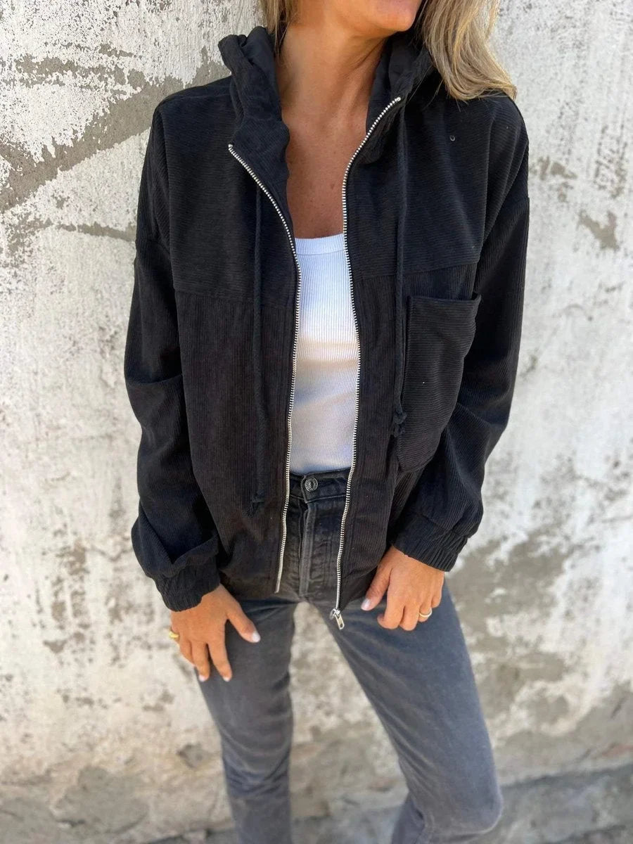 Women's corduroy hooded zip-up quilted jacket oversized fit in Black