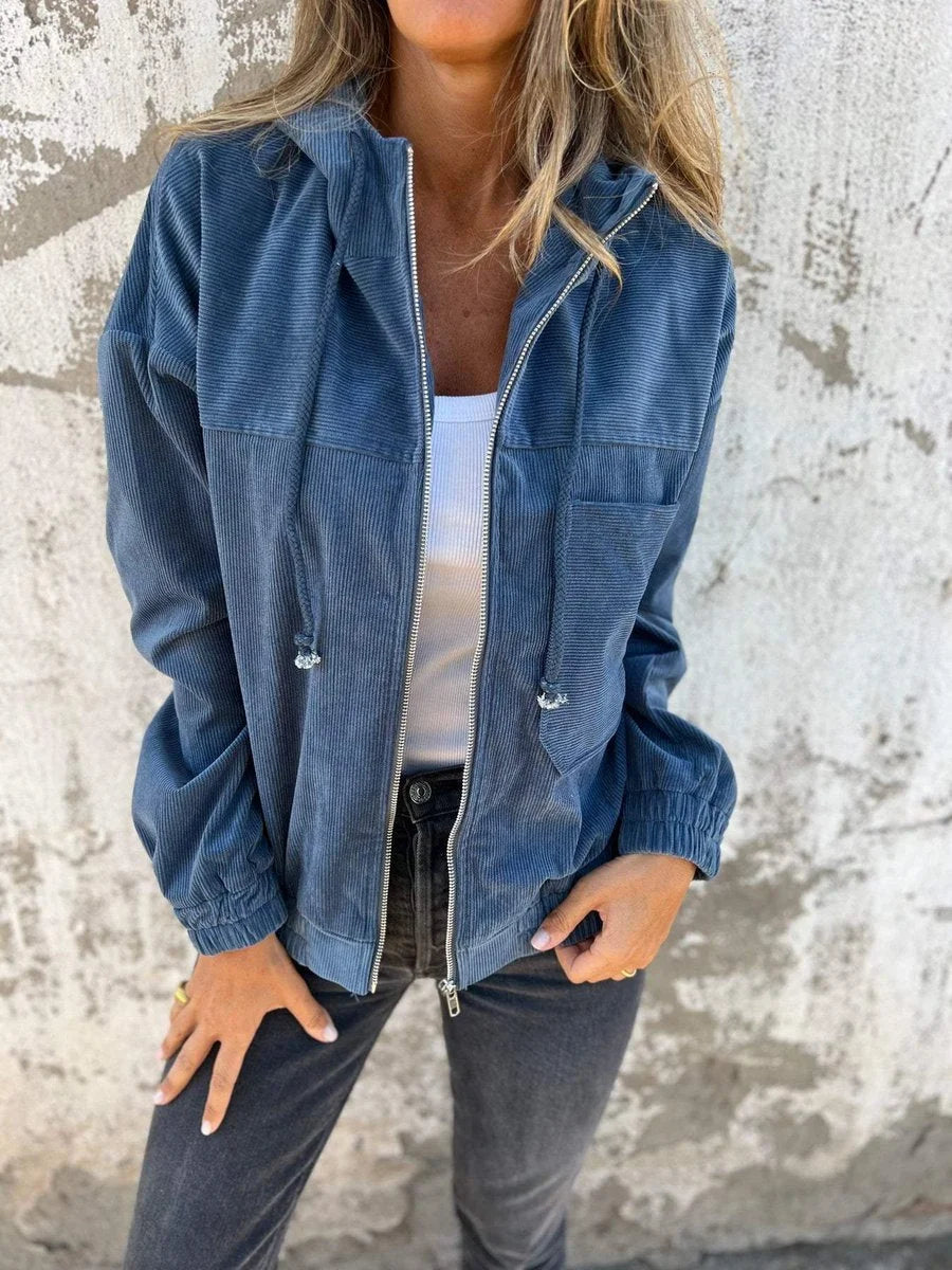 Women's corduroy hooded zip-up quilted jacket oversized fit in Blue