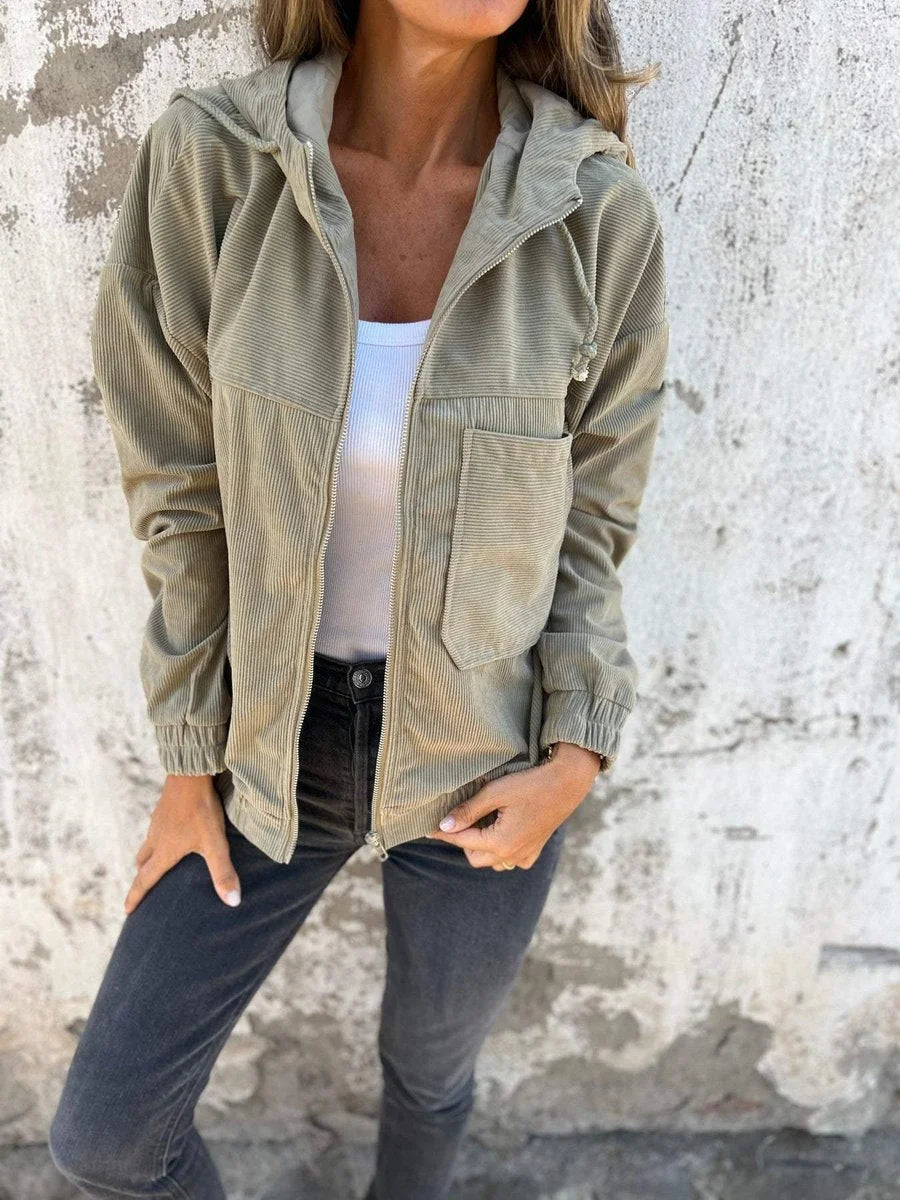 Women's corduroy hooded zip-up quilted jacket oversized fit in Green