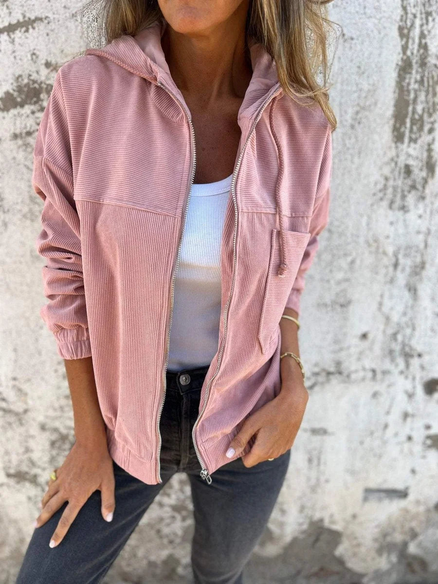 Women's corduroy hooded zip-up quilted jacket oversized fit in Pink