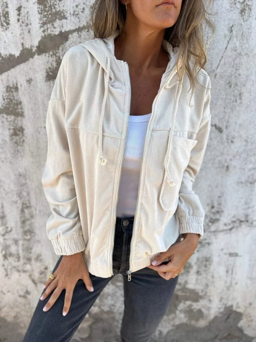 Women's corduroy hooded zip-up quilted jacket oversized fit in White