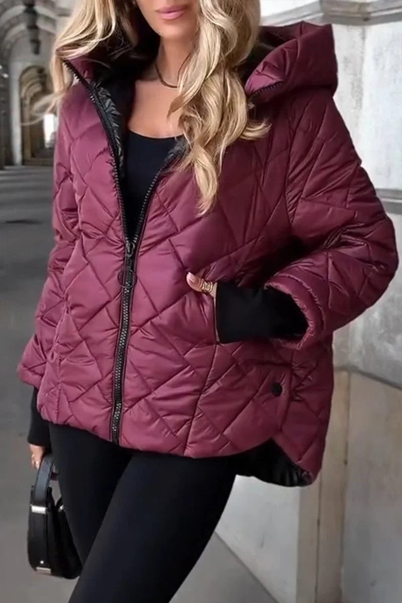 Women's diamond quilted hooded zip-up puffer jacket