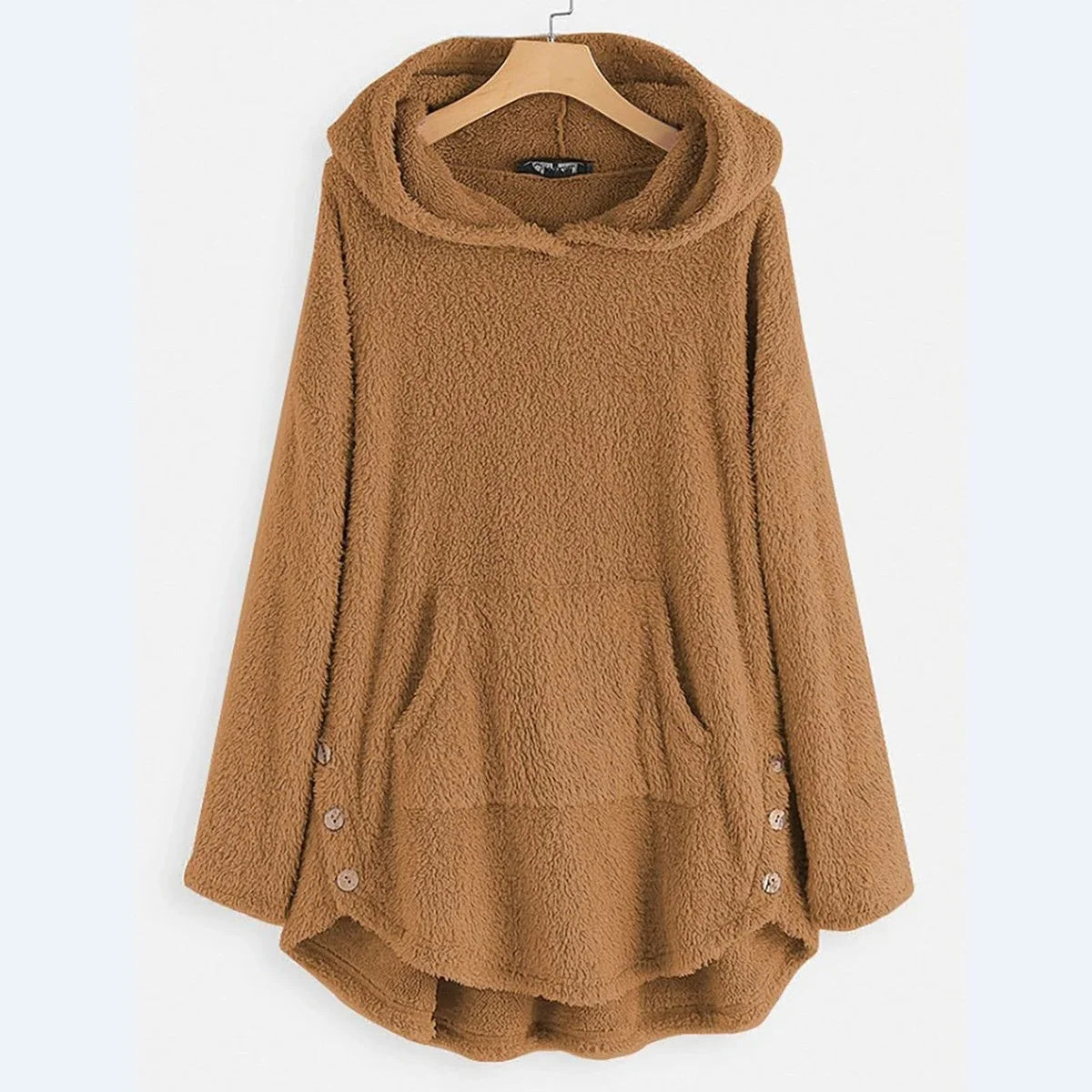 Women's fleece zip-up hooded cat pocket sweater in Beige