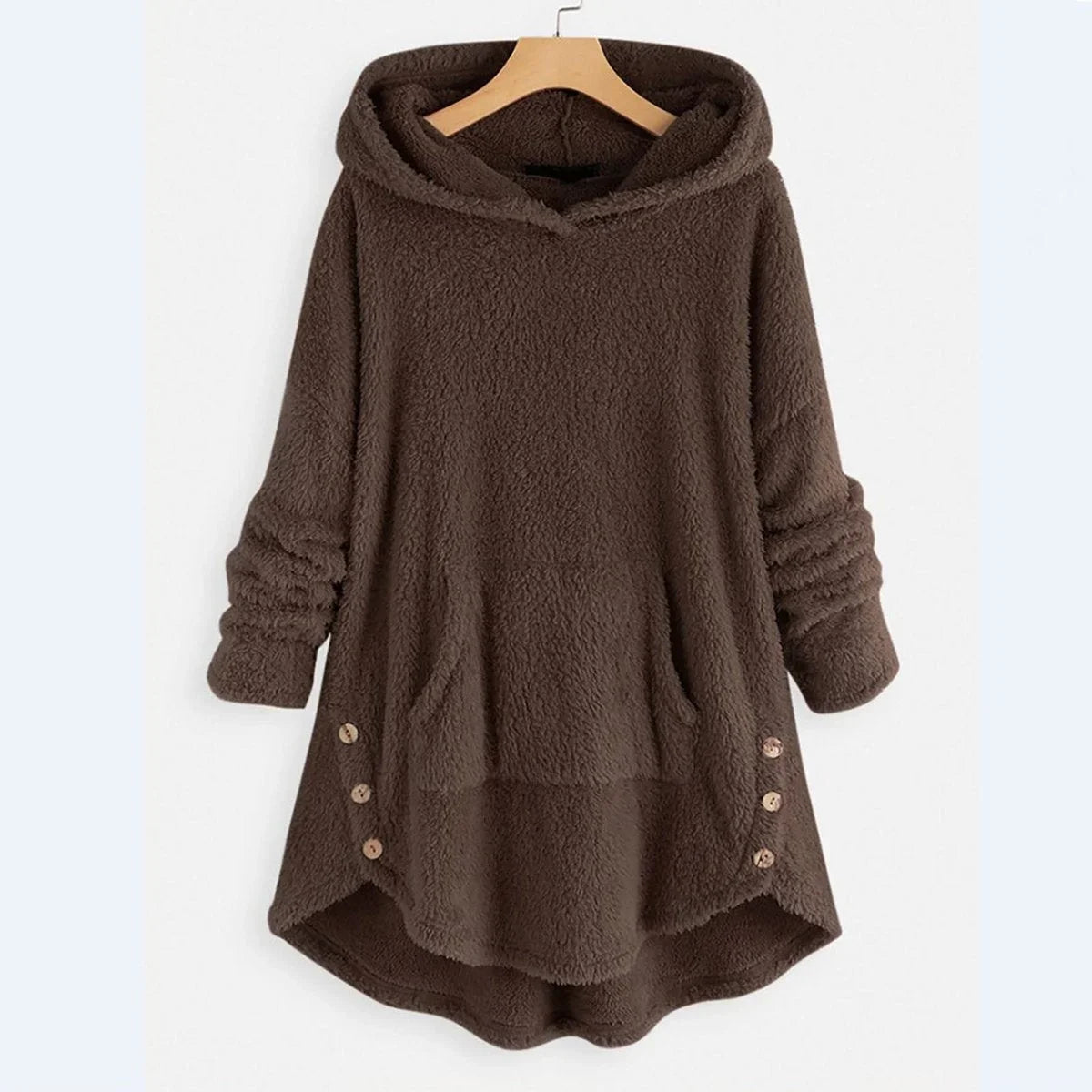Women's fleece zip-up hooded cat pocket sweater in Brown