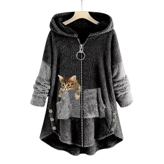 Women's fleece zip-up hooded cat pocket sweater in Dark Gray