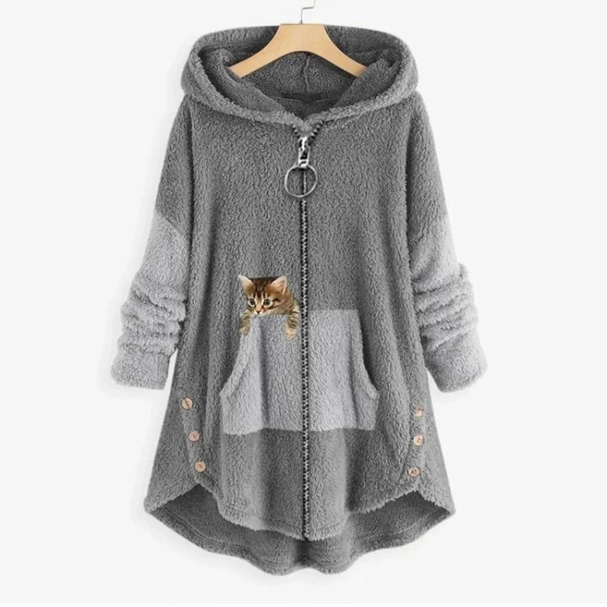 Women's fleece zip-up hooded cat pocket sweater in Gray