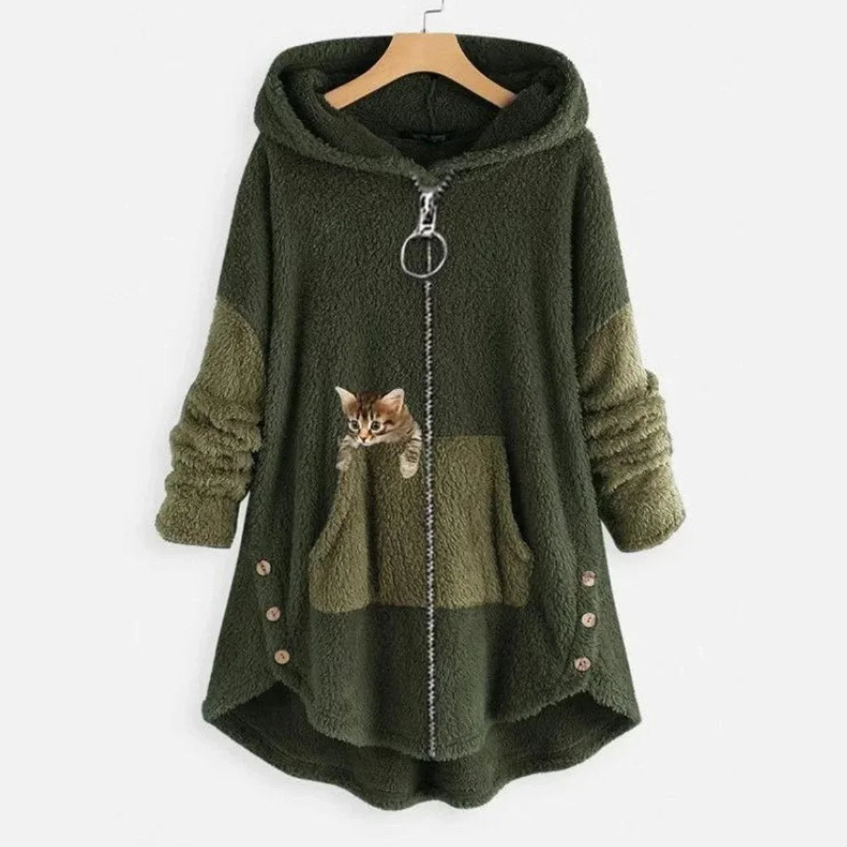 Women's fleece zip-up hooded cat pocket sweater in Green