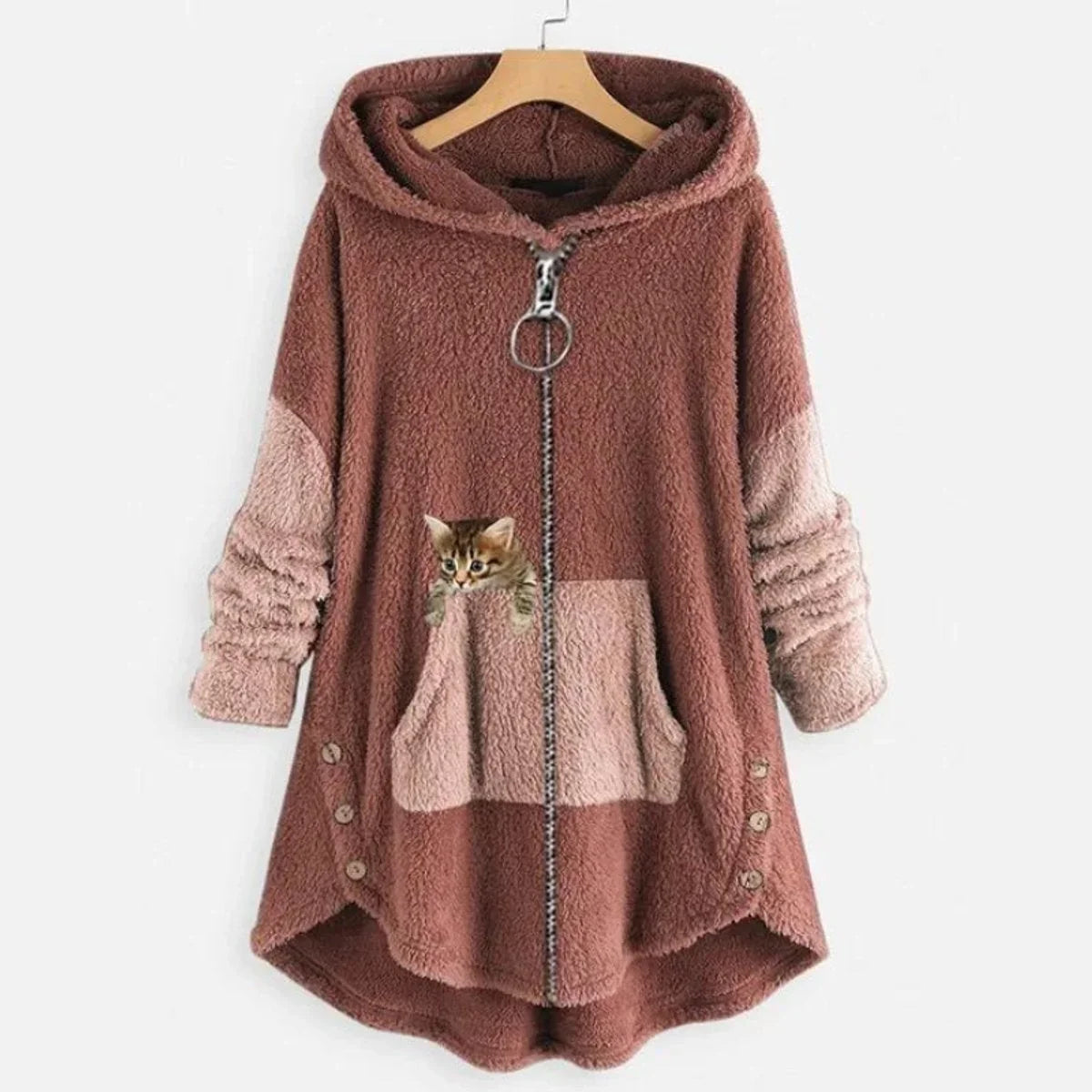 Women's fleece zip-up hooded cat pocket sweater in Pink