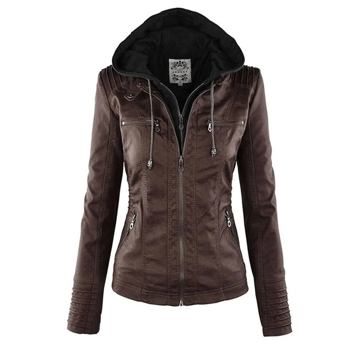 Women's hooded faux leather moto coat removable hood