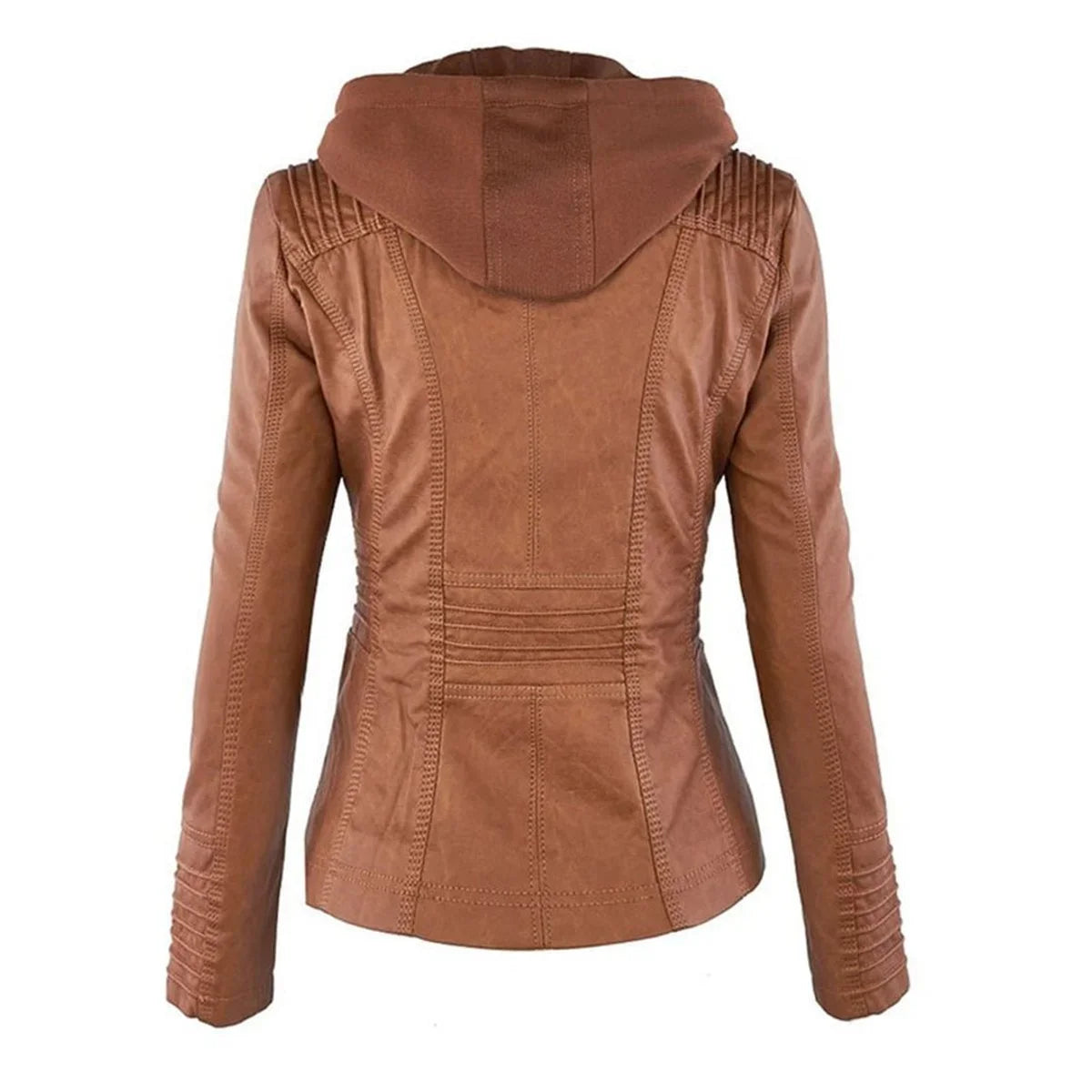 Women's hooded faux leather moto coat removable hood