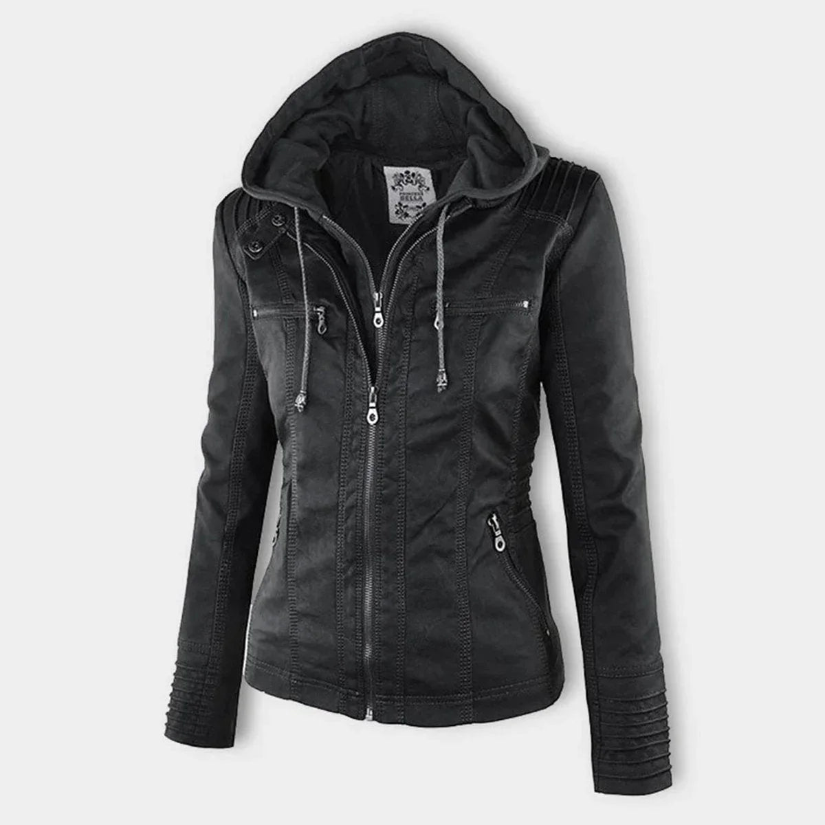 Women's hooded faux leather moto coat removable hood