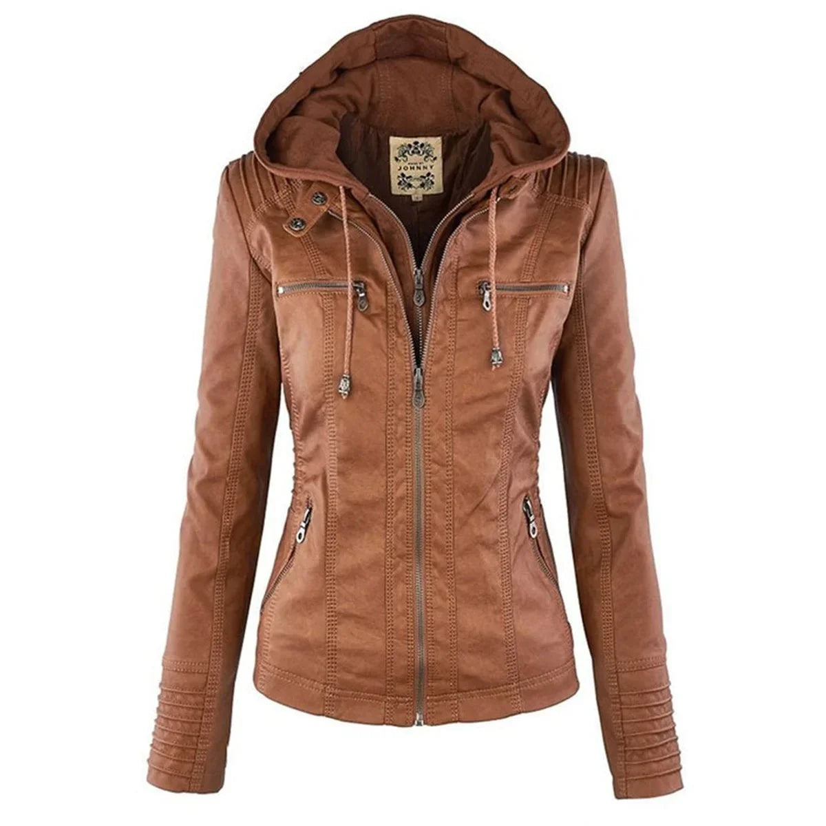 Women's hooded faux leather moto coat removable hood