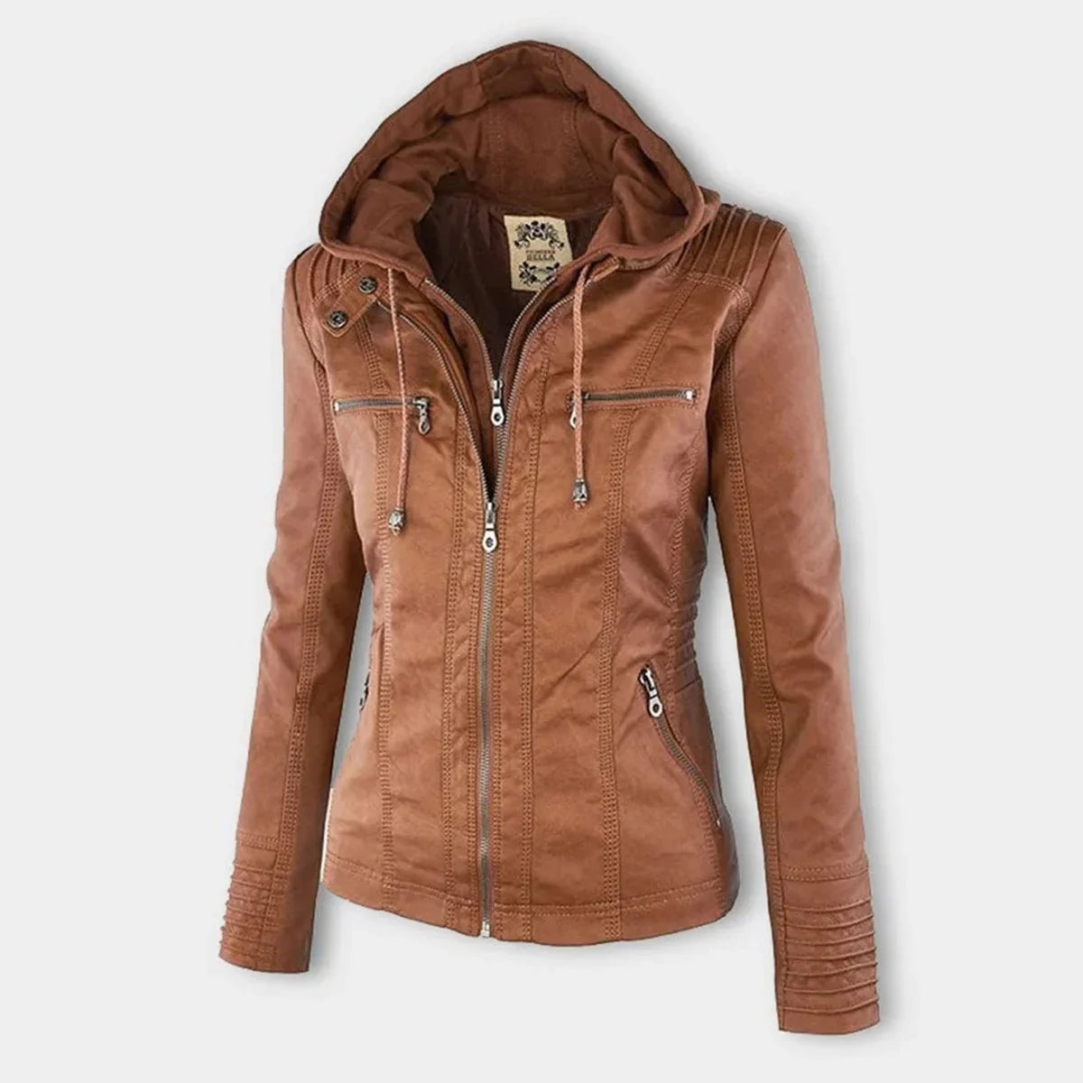 Women's hooded faux leather moto coat removable hood