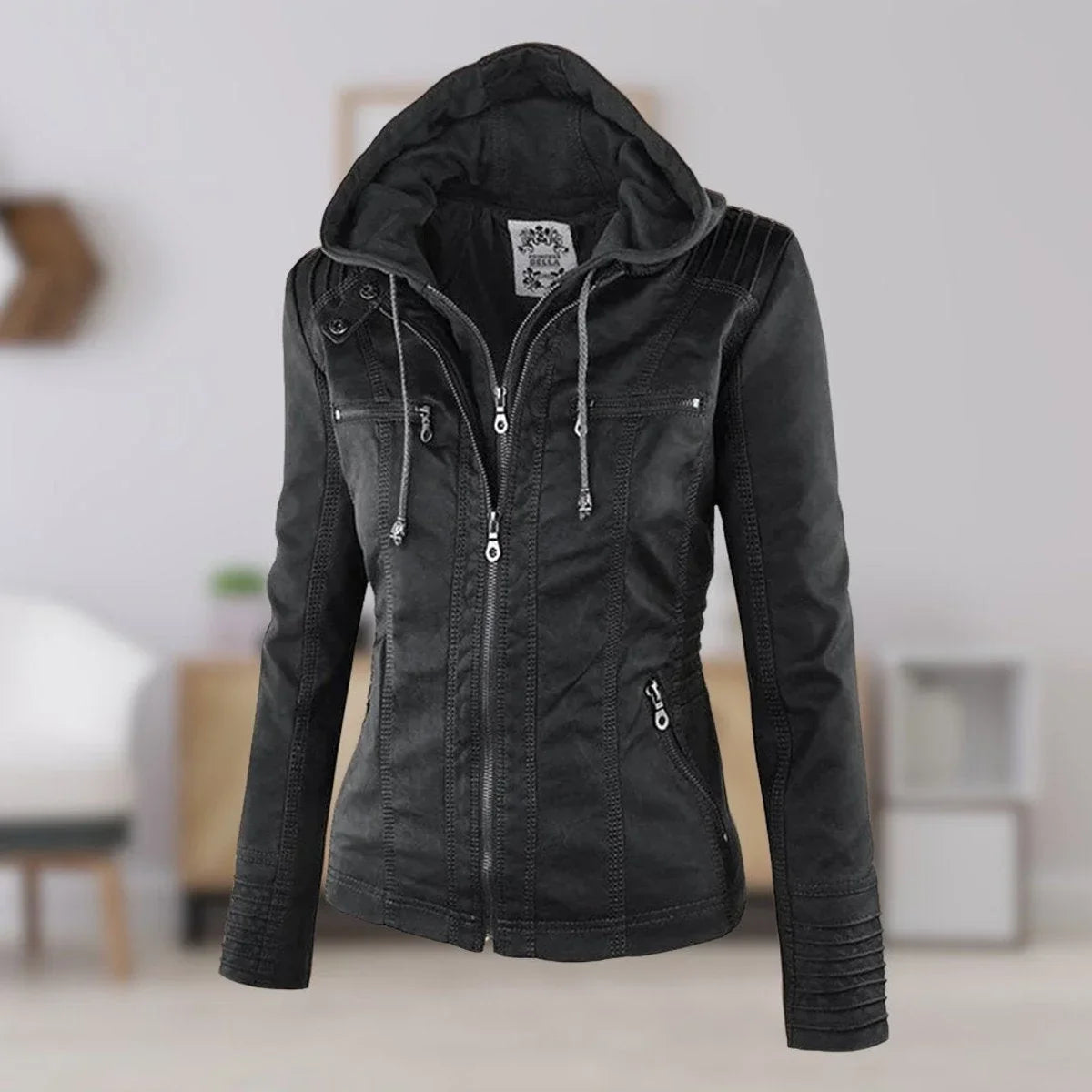 Women's hooded faux leather moto coat removable hood in Black