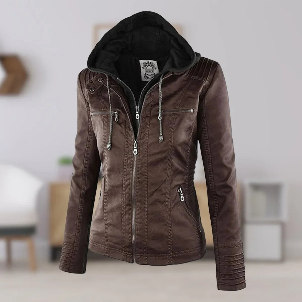 Women's hooded faux leather moto coat removable hood in Brown