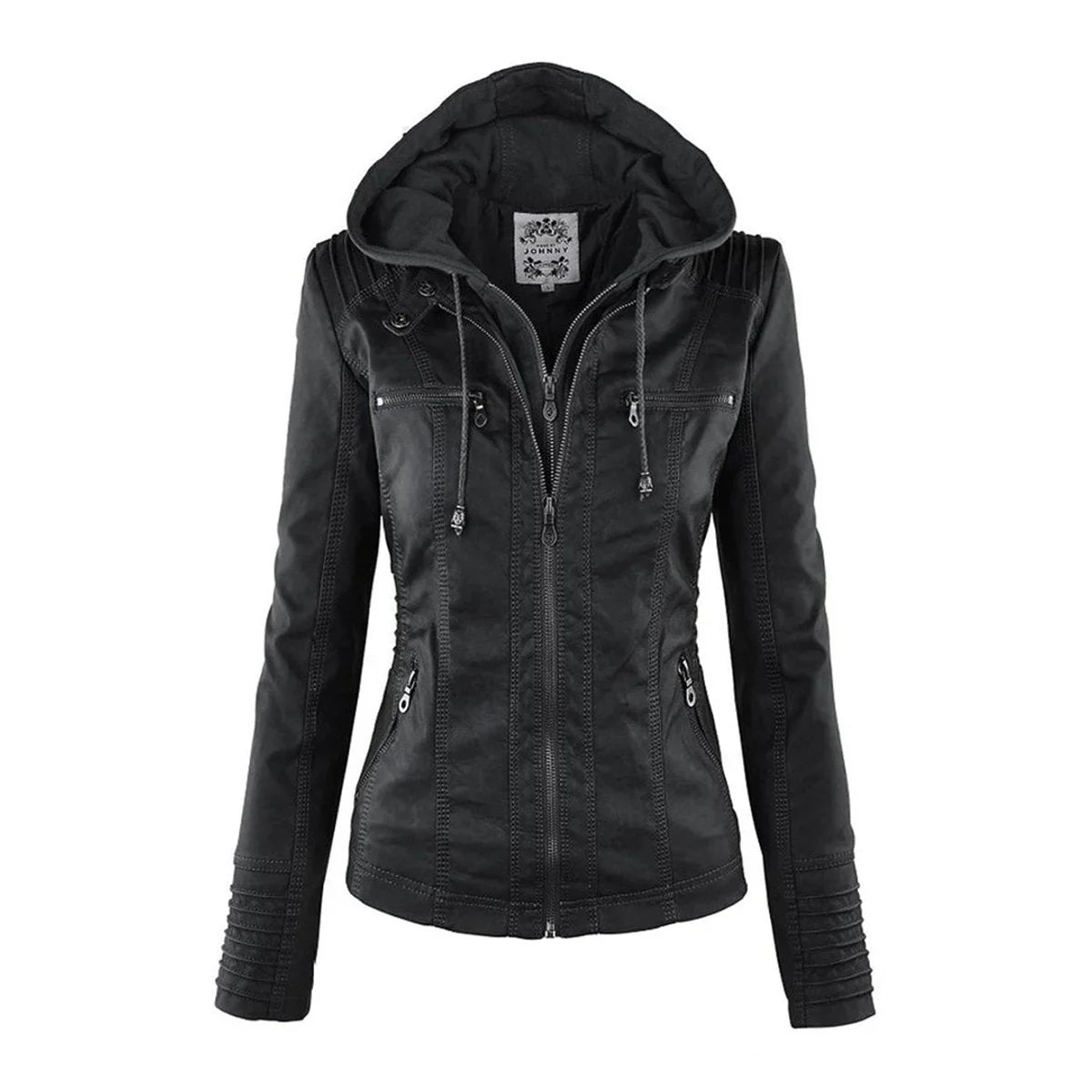 Women's hooded faux leather moto coat removable hood