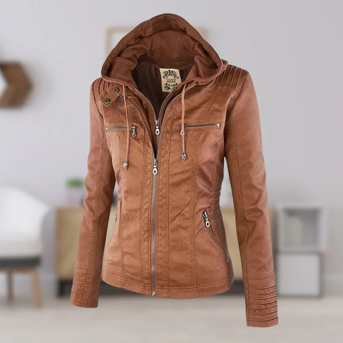 Women's hooded faux leather moto coat removable hood in Khaki