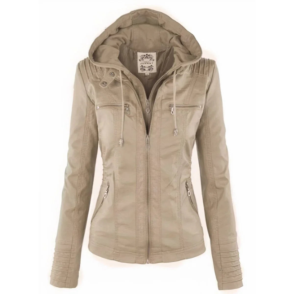 Women's hooded moto faux leather jacket removable hood in Beige