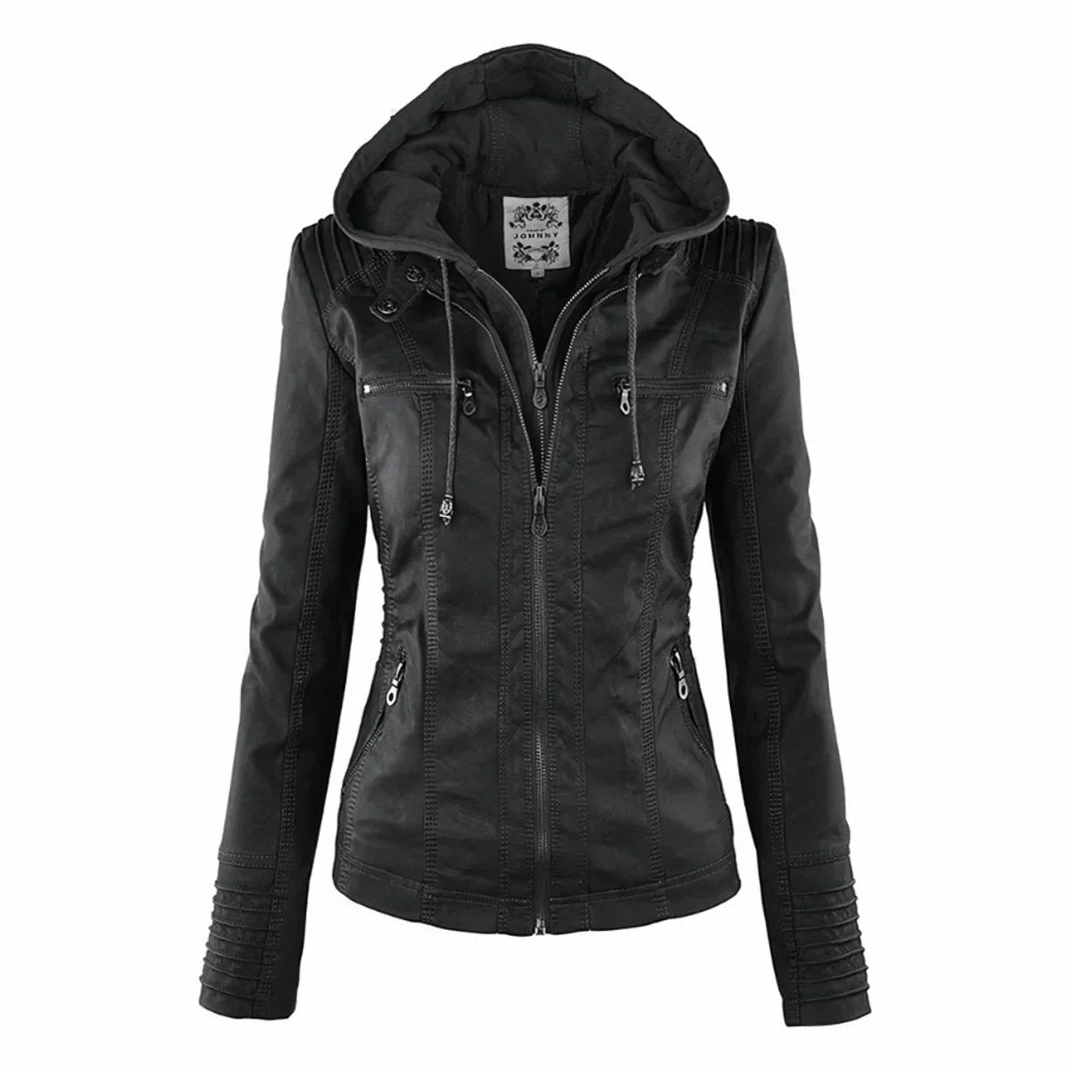 Women's hooded moto faux leather jacket removable hood in Black