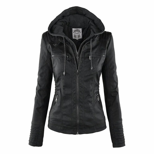 Women's hooded moto faux leather jacket removable hood in Black