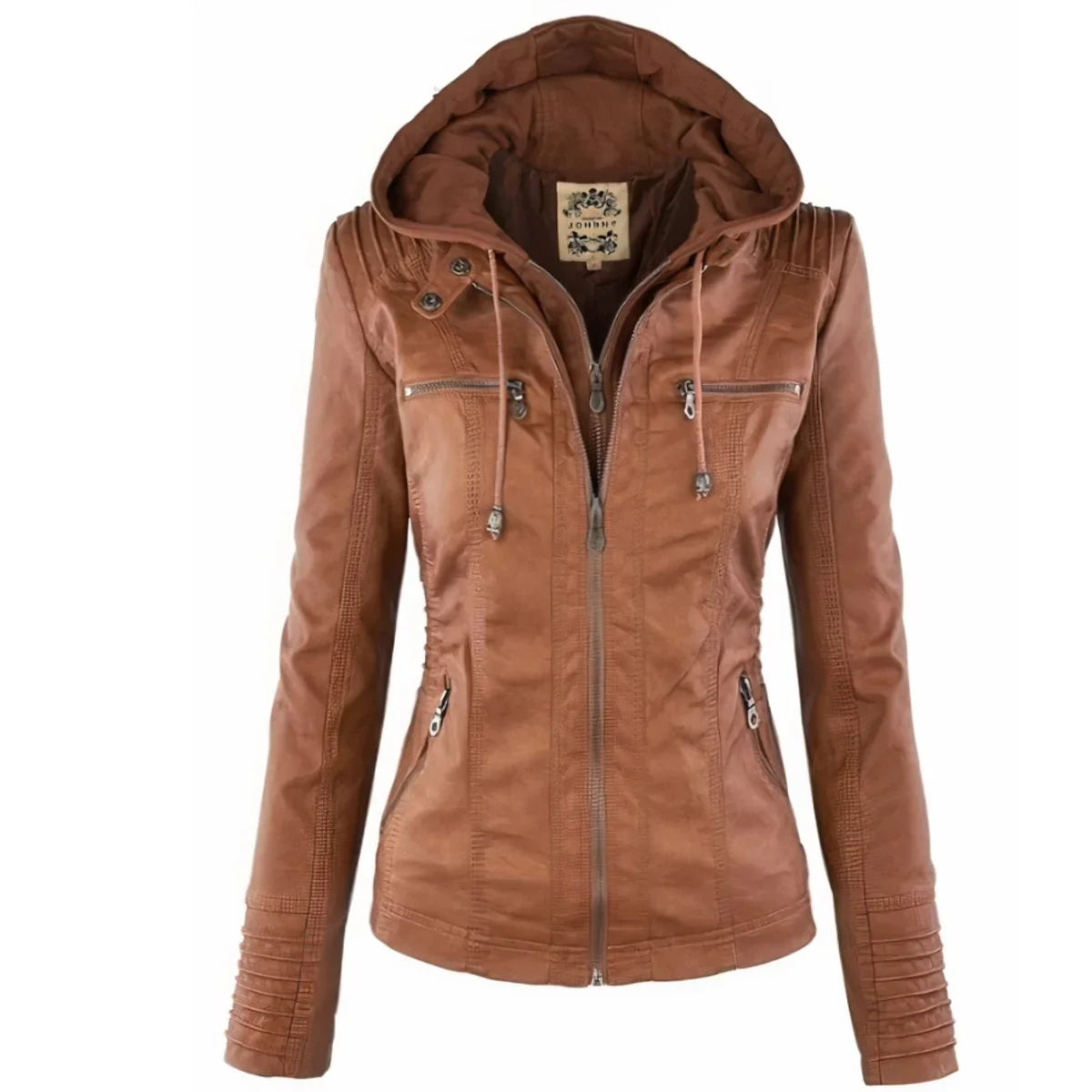 Women's hooded moto faux leather jacket removable hood in Brown