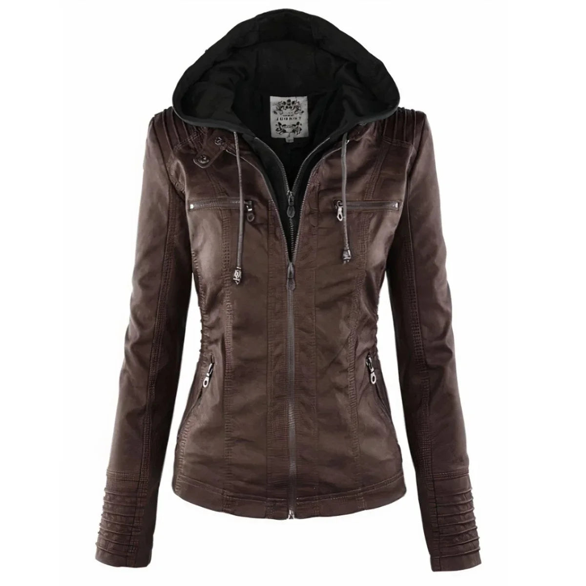Women's hooded moto faux leather jacket removable hood in Dark Brown