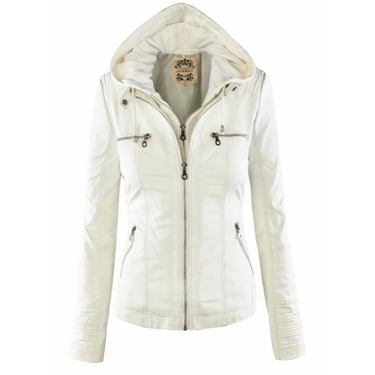 Women's hooded moto faux leather jacket removable hood in White