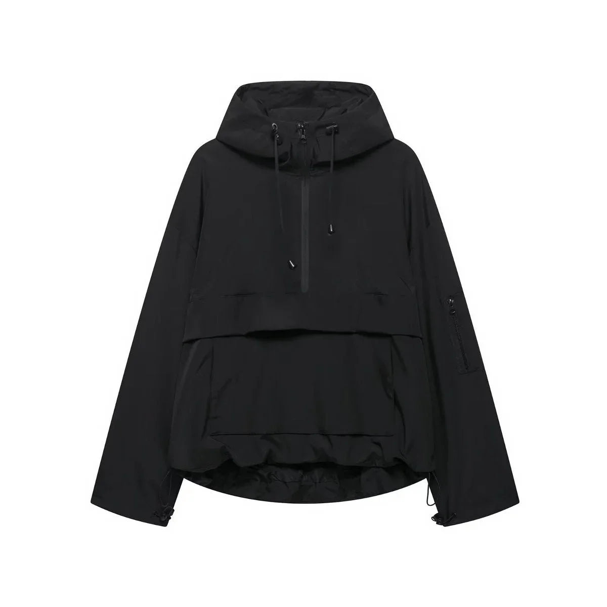 Women's hooded pullover anorak quilted jacket half-zip in Black