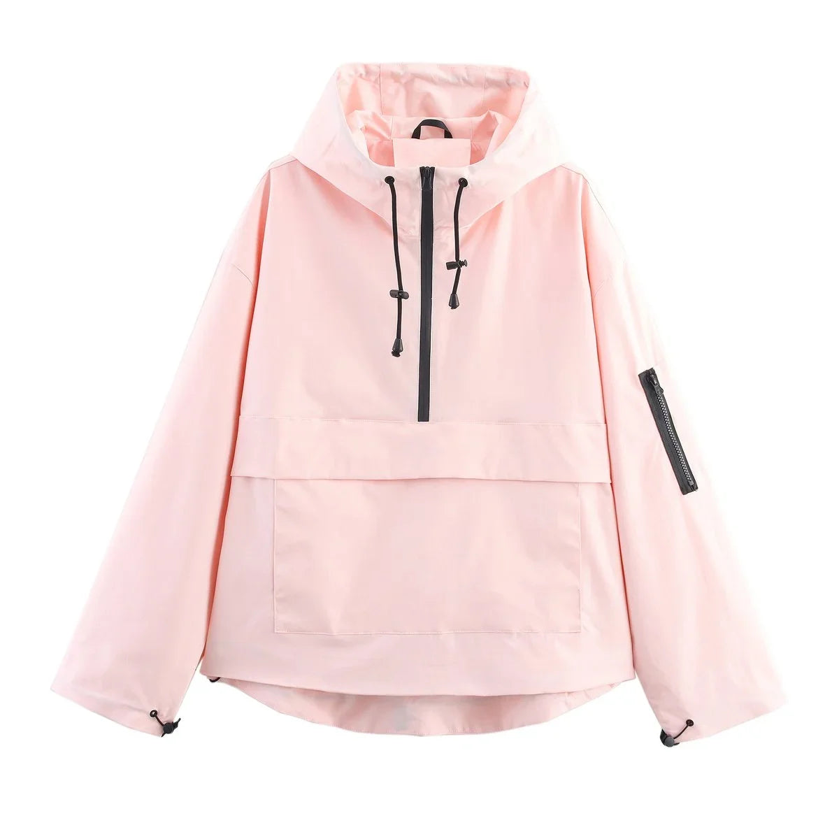 Women's hooded pullover anorak quilted jacket half-zip in Light Pink