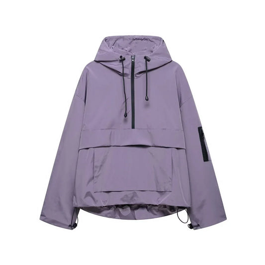 Women's hooded pullover anorak quilted jacket half-zip in Purple