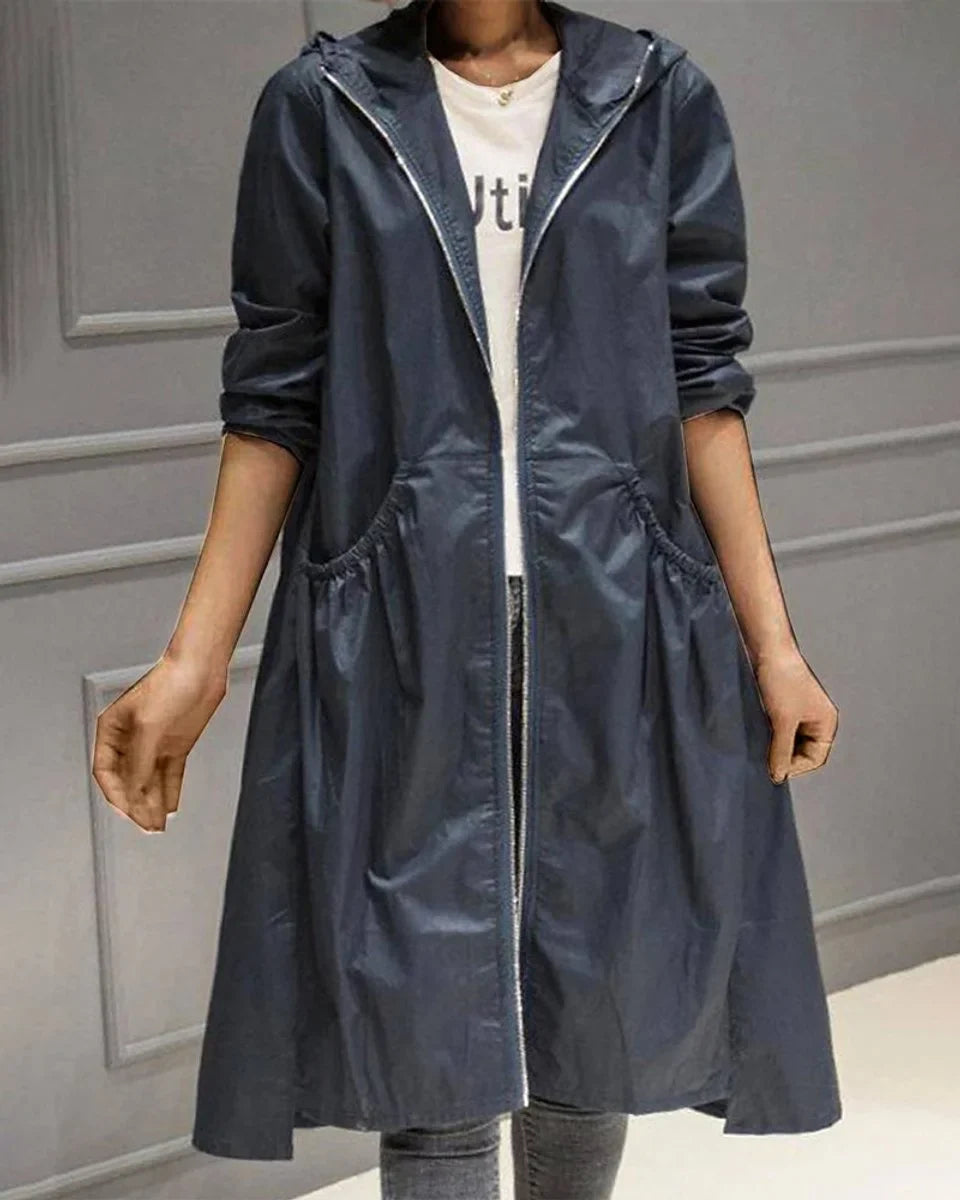 Women's hooded waterproof long trench coat zip-up in Navy Blue