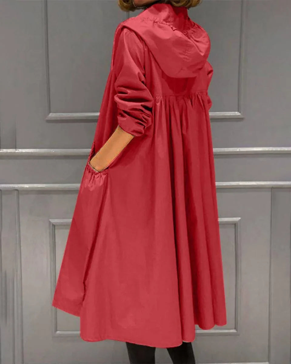 Women's hooded waterproof long trench coat zip-up in Red