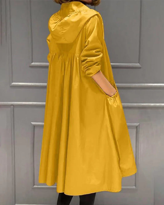 Women's hooded waterproof long trench coat zip-up in Yellow