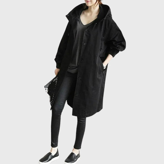 Women's hooded waterproof relaxed-fit long trench coat in Black