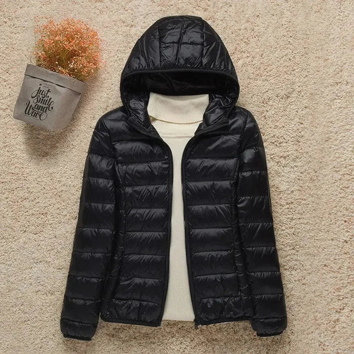 Women's lightweight hooded quilted jacket packable puffer in Black