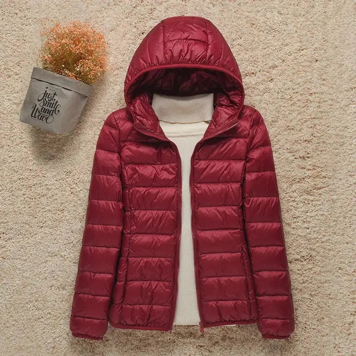 Women's lightweight hooded quilted jacket packable puffer in Burgundy