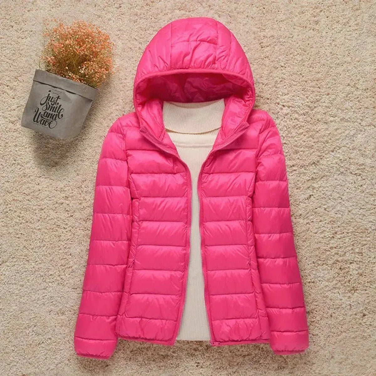 Women's lightweight hooded quilted jacket packable puffer in Fuchsia