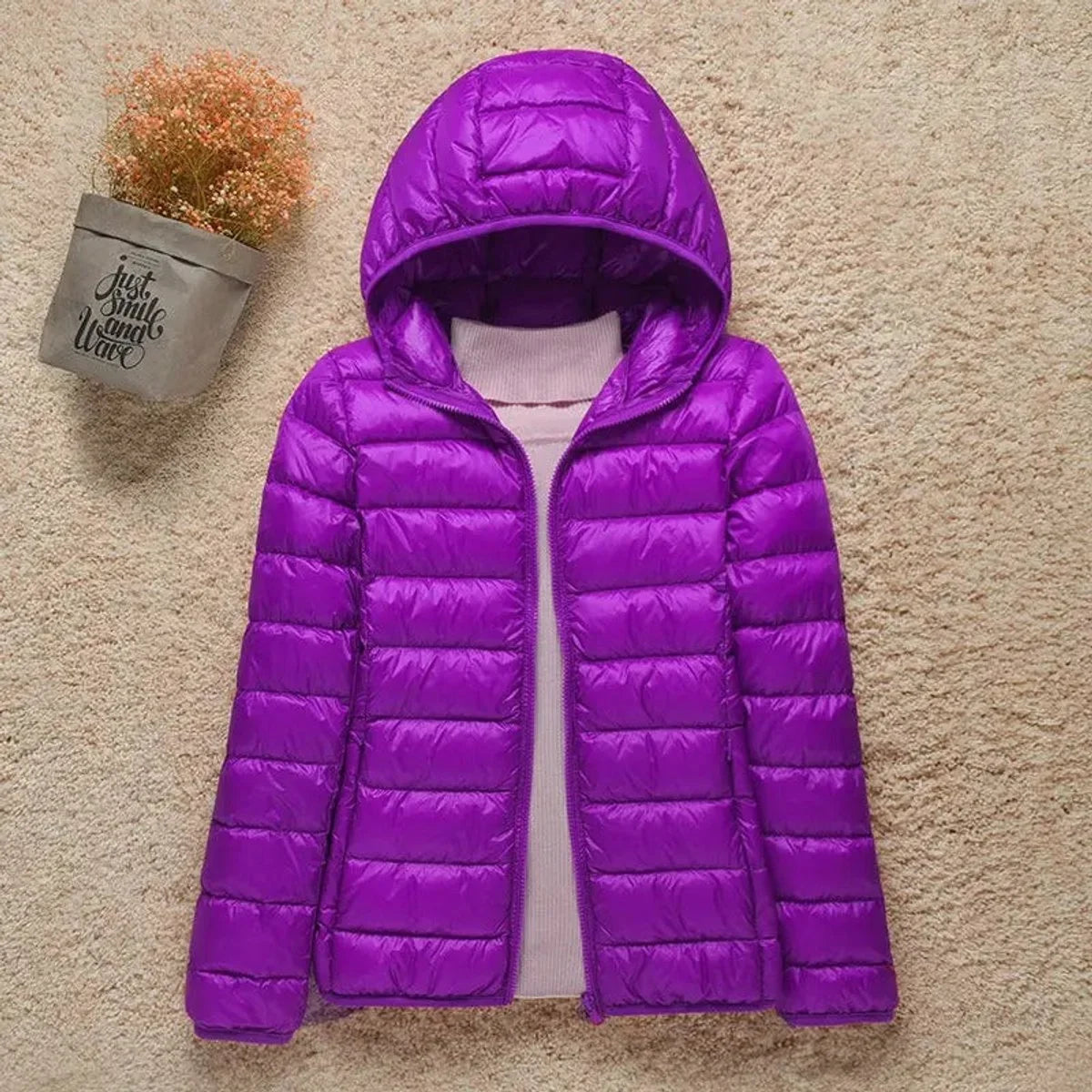 Women's lightweight hooded quilted jacket packable puffer in Lilac