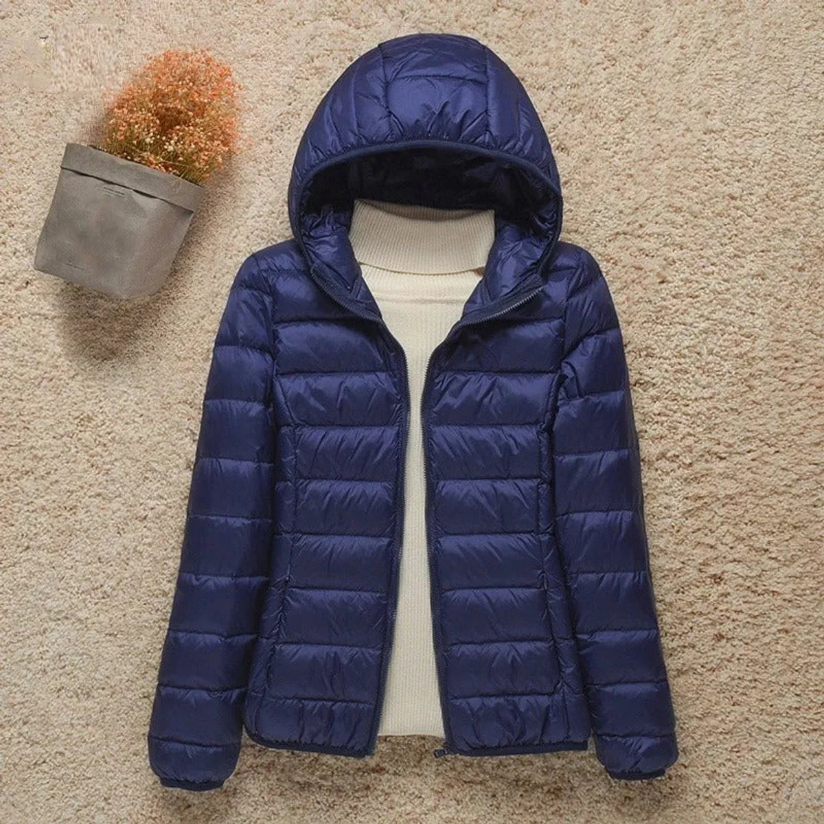 Women's lightweight hooded quilted jacket packable puffer in Navy Blue