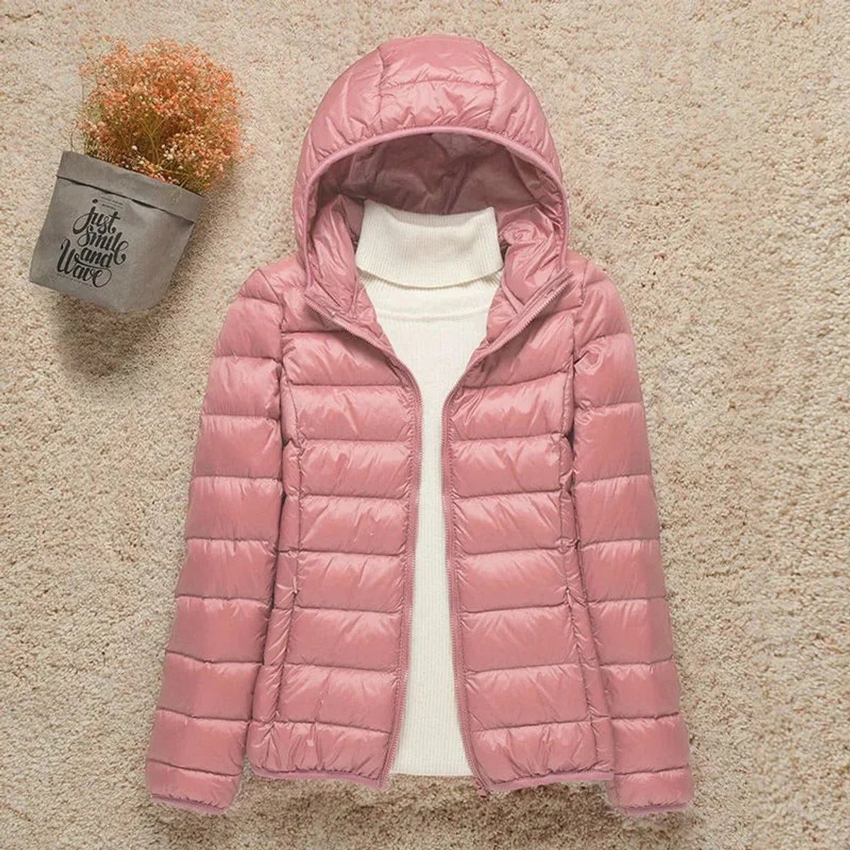 Women's lightweight hooded quilted jacket packable puffer in Pink