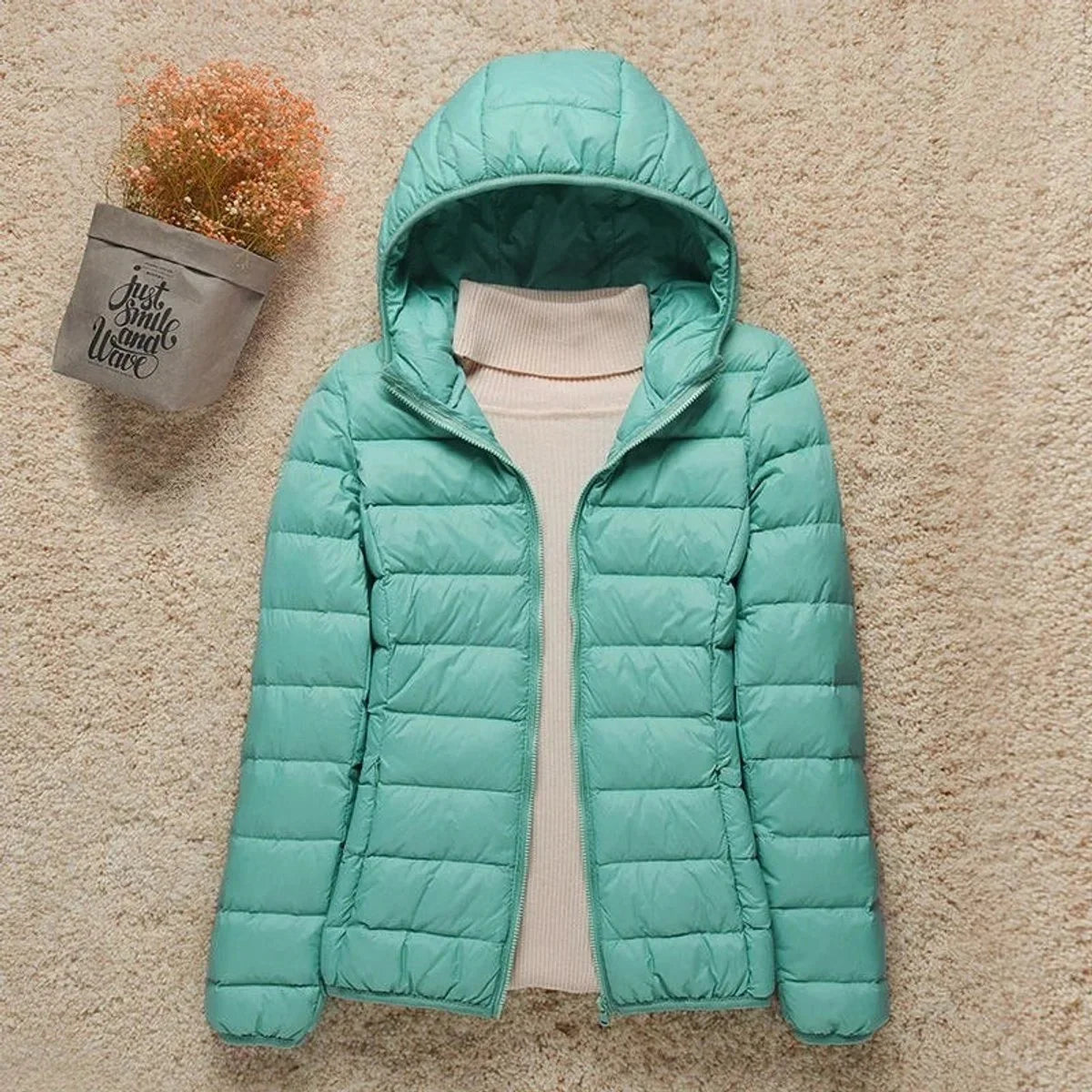 Women's lightweight hooded quilted jacket packable puffer in Turquoise