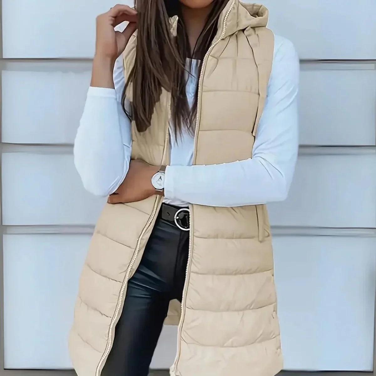 Women's long hooded sleeveless puffer vest lightweight layering gilet in Beige