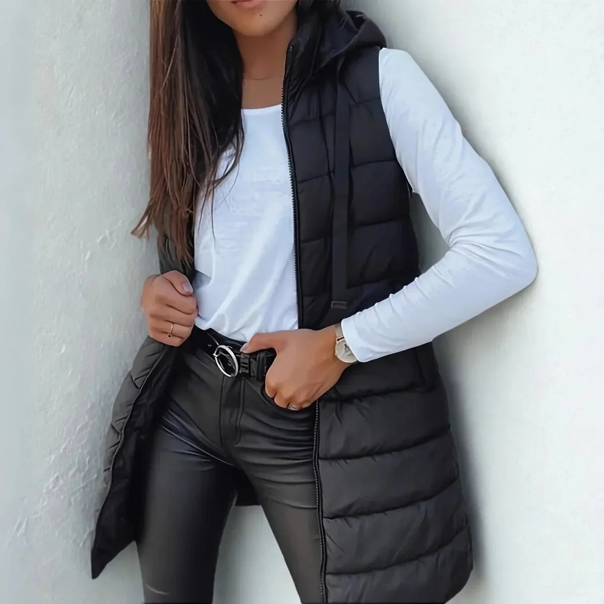 Women's long hooded sleeveless puffer vest lightweight layering gilet in Black