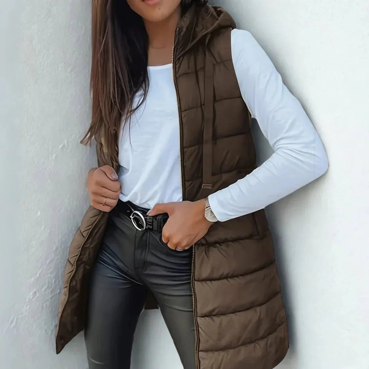 Women's long hooded sleeveless puffer vest lightweight layering gilet in Brown