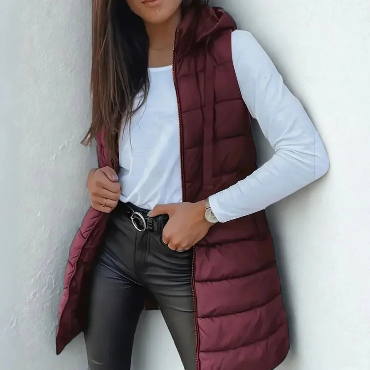 Women's long hooded sleeveless puffer vest lightweight layering gilet in Chestnut Brown