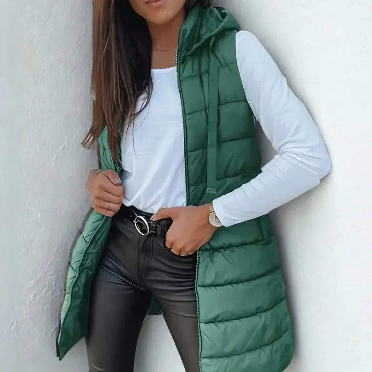 Women's long hooded sleeveless puffer vest lightweight layering gilet in Green